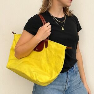 Longchamp Le Pliage Tote Bag‎ Yellow Nylon Leather Handles Foldable Preppy